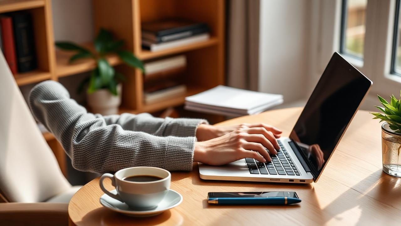 Pessoa trabalhando em laptop em home office com café