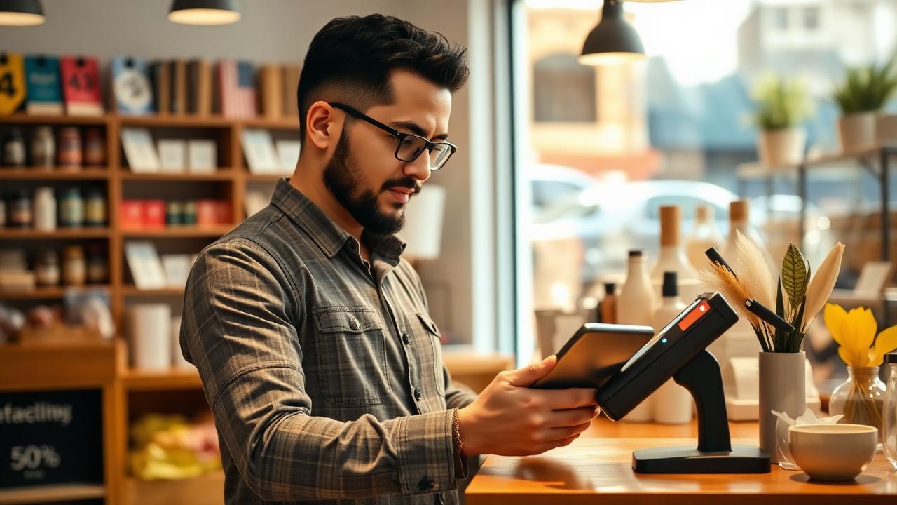 Dono de pequeno negócio usando tablet no balcão da loja