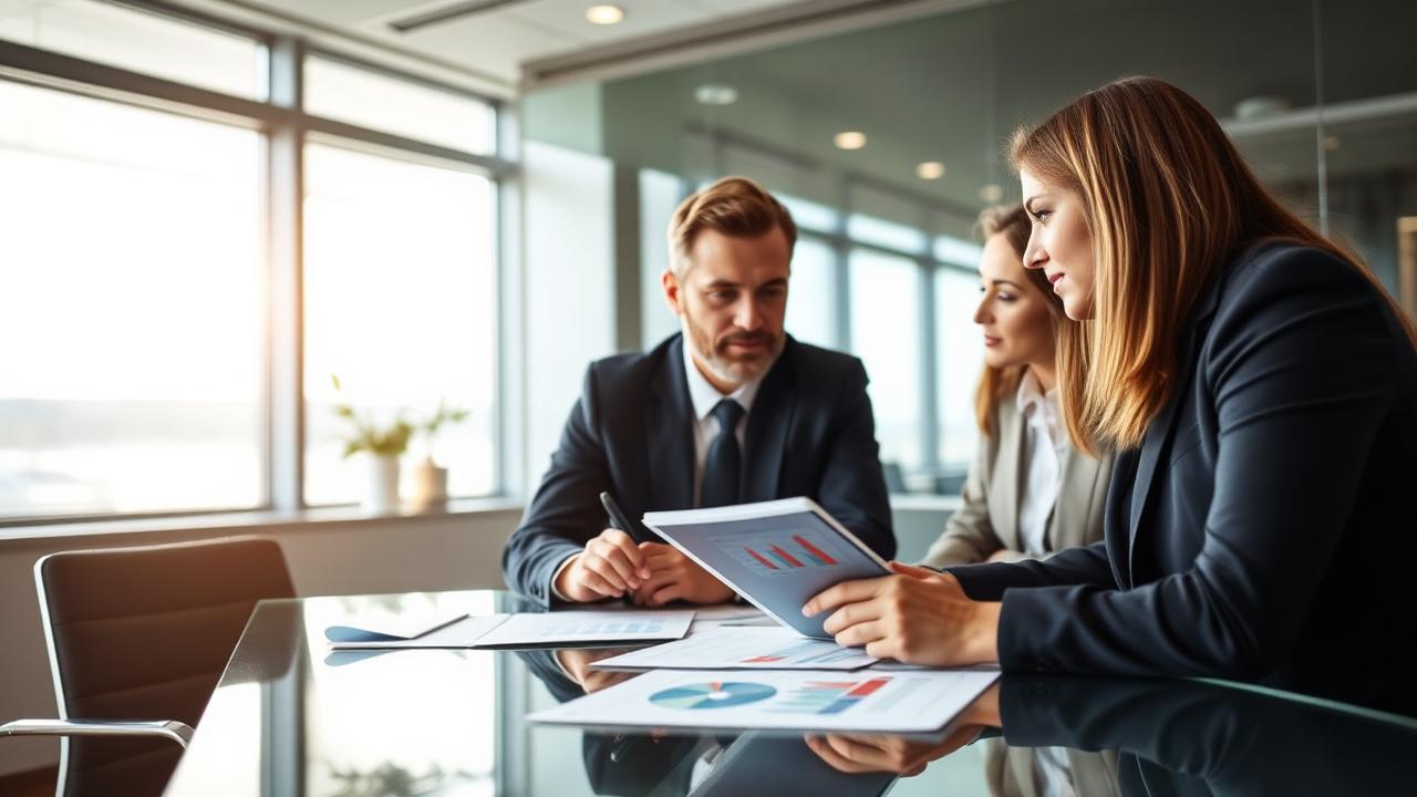 Equipe analisando gráficos impressos e tablet em reunião de negócios