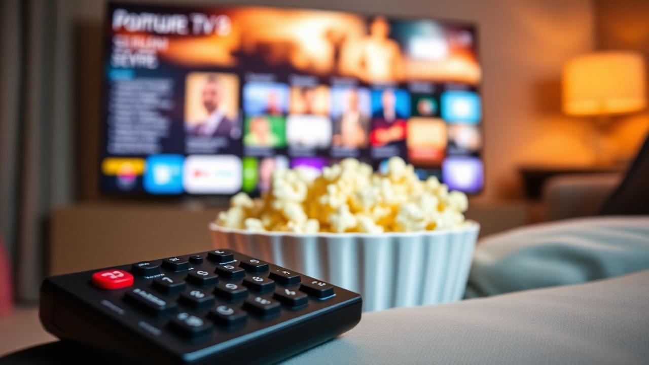 Controle remoto e pipoca em frente à TV com interface de streaming