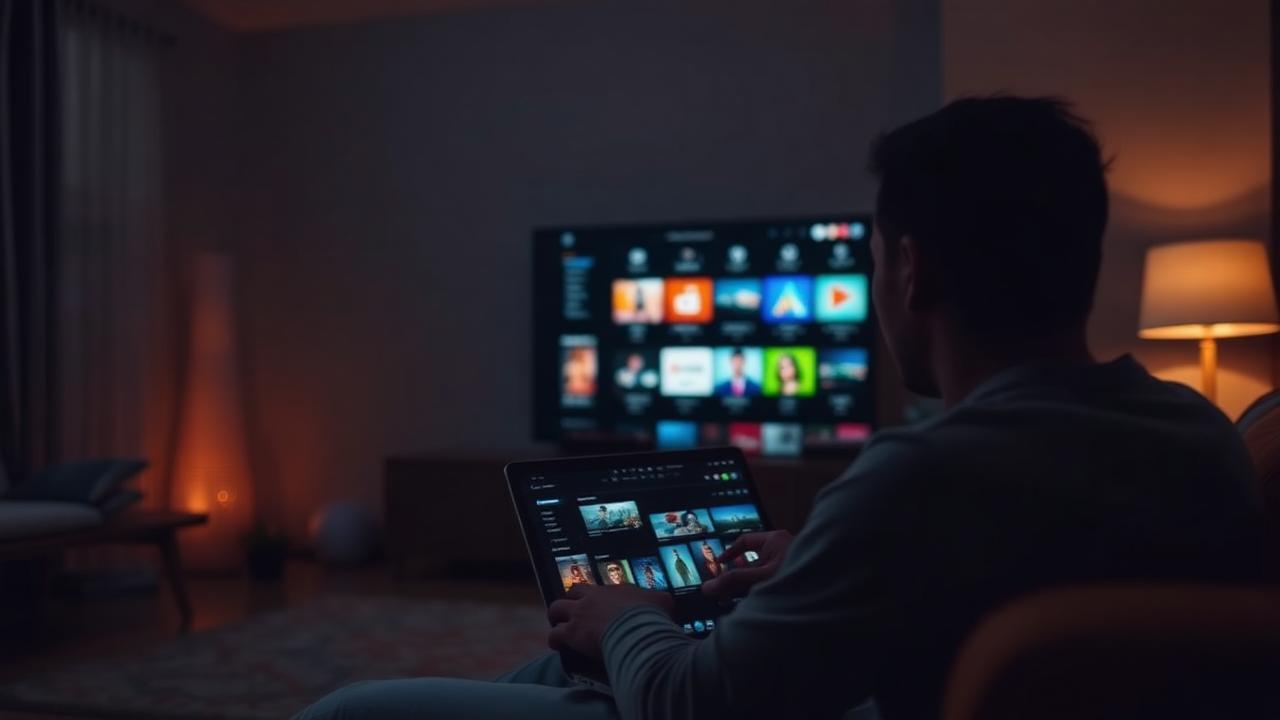 Pessoa assistindo a uma plataforma de streaming na TV com um tablet no colo